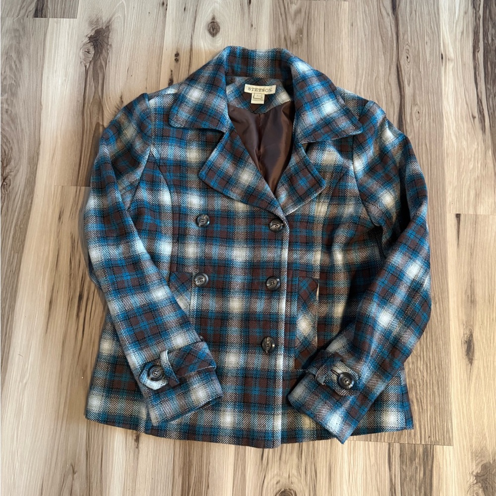 Stetson Blue and Brown Plaid Pea Coat